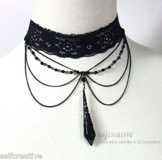 Lolita Drop Pendant Lace Elastic Ribbon Choker Necklace Black Multi