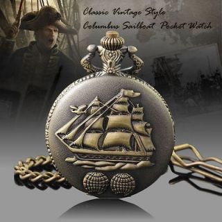 New Classic Columbus Sailboat Men Pocket Quartz Watch Chain Vintage