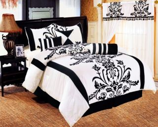 listed New 5 Piece TWIN Bedding Black /White Flock Satin Comforter Set