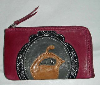 NWT FOSSIL RUBY LEATHER ZIP COIN PURSE BIRD MOTIF BERRY PURPLE