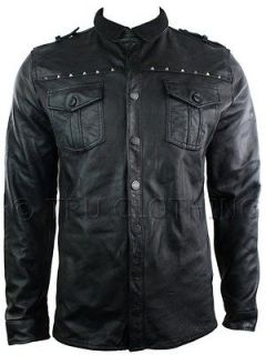 Mens Tailored Fit Vintage Leather Shirt Retro Stud Style Jacket Black