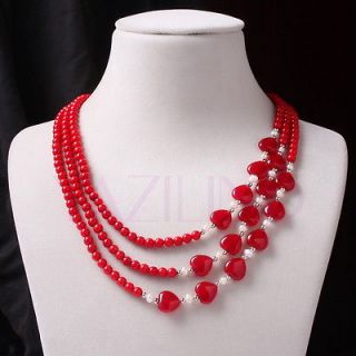Sweet geunine red coral heart agate white pearl 3 row necklace elegant