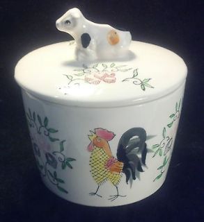 1950s COW & ROOSTER CANISTER JAR w/ LID Japan W/ ROSES Excellent