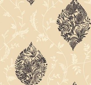 Wallpaper Modern Cream Leaf Vine Trellis and Black Floral Damask on
