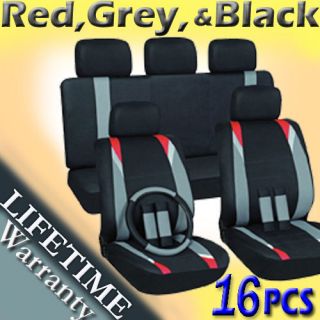 16pc Set Red Gray Black Auto Car Seat Covers + Steering Wheel Belt Pad