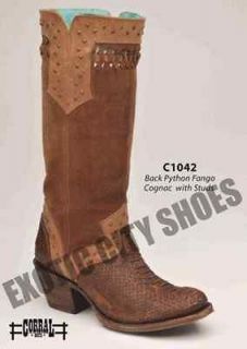 Corral Womens Cowboy Western Boots Cognac Fango Python w/ Studs C1042