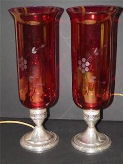Antique Pair Sterling Silver Hurricane Lamps w/Ruby Red Etched Shades