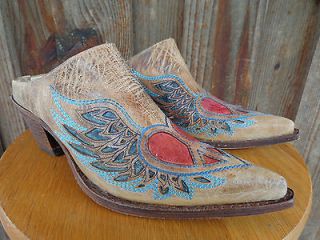 Corral Mules F1016 Crater Antique Saddle Red/ Blue Peace Sign Hearts
