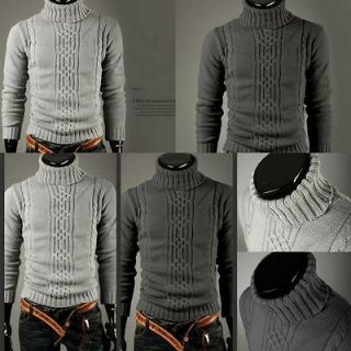 Mens Grey Cotton Knit Ribbed Turtleneck Cardigan Jumper Sweaters Tops