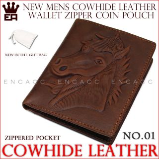 Brown Genuine Leather Billfold Wallet Zippered Pocket Purse★HORSE