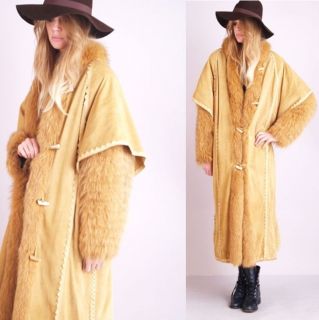Vtg 70s RED FOX BEAVER FUR Leather Feather Toggle CAPE SLV Jacket MAXI
