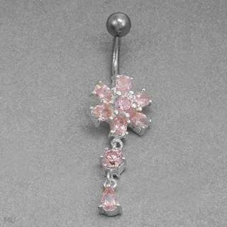 Sterling Silver New Dangling 2.45mm Pink Cubic Zirconias Belly Ring