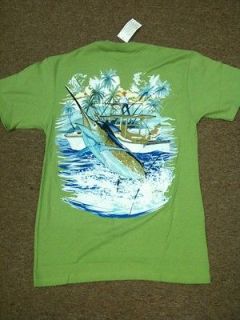 Mens Guy Harvey MARLIN BOAT 2 KIWI Green Fish T Shirt Tee Palm Blue