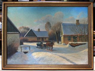 ANTIQUE OIL PAINTING MAPLE SYRUP SELLER HORSE LISTED DANISH ARTIST
