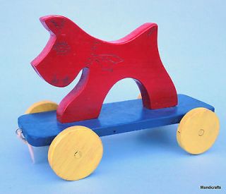 Folk Art Pull Toy Vtg Wood Red Scotty Dog Westie Blue Wagon Yellow