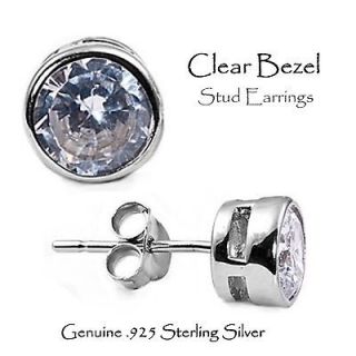Mens or Ladys Clear CZ Sterling Silver BEZEL Stud Earrings