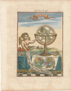 Armillary Sphere & Zodiac chart w/ cherub 1719 Mallet original antique