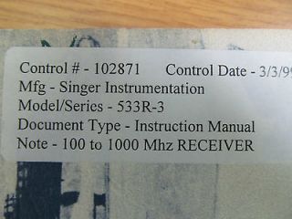Singer 533R 3 100 to 1000 Mhz Receiver Instruction Manual w