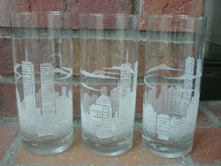 MAURI SIGNED TALL ETCHED DRINKING GLASSES ~ NEW YORK CITY SKYLINE