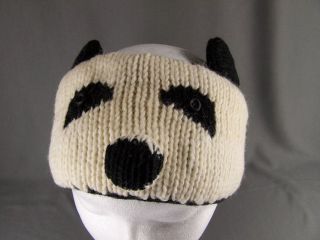 White Panda Bear face knit ear warmer muff Wool head wrap hat headband