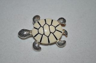 Stunning costume TURTLE silver plated pin w/acrylic black/white shell