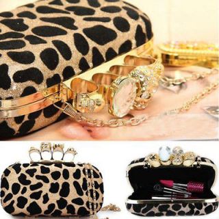 HQ Leopard Skull Ring Knuckle Clutch Chain Evening Bag Handbag