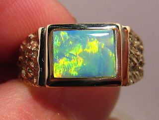 Mens Nugget Style Australian Harlequin Opal Ring Solid 14k Yellow Gold