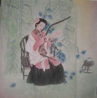 27 sq Chinese Fineart Painting   WOMAN music player   by Shen Mei