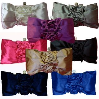 Ladies Satin Bow Rose Crystal Clutch Bag Floral Evening Handbag Bridal