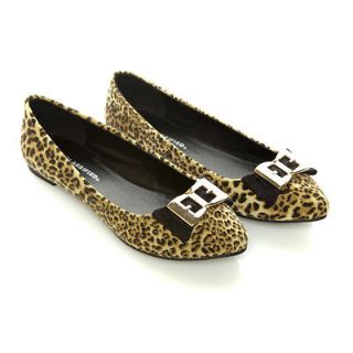 Comfortable Suede Pointy Toe Cheetah Animal Gold Bow Buckle Flat Sz 6