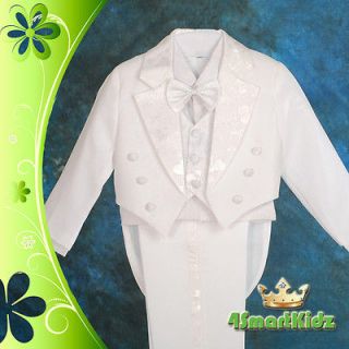 White 5pc Formal Tuxedo Tail Suit Wedding Page boy Christening Baby Sz