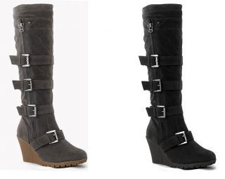 Ladies / Womens Odeon Black / Grey Buckle Zip Knee High Wedge Boots UK