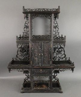Antique 19C. Chinese Export Ornate Hardwood Carved Table Top Etagere