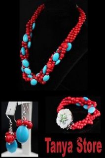 RED CORAL BLUE TURQUOISE NECKLACE BRACELET EARRINGS JEWELRY SET CAMEO