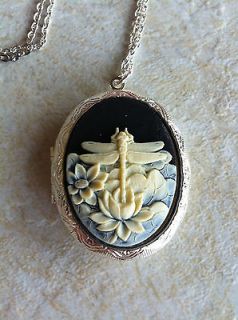 MOURNING MEMORY DRAGONFLY BLACK WEDDING Cameo Steampunk PHOTO Necklace