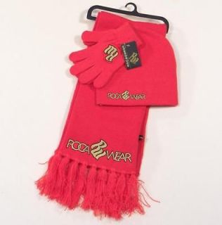 RocaWear Red Knit Winter Scarf Knit Beanie & Knit Gloves Set Womans