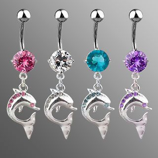 DOLPHIN   CZ DANGLE BELLY BAR   CHOOSE COLOUR: PINK, CLEAR, PURPLE