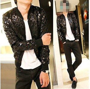 New Fashion Leopard Animal Print Mens Jacket Casual Stand Collar Coat