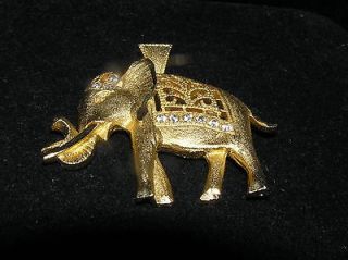 Estate Brushed Goldtone Carved ELEPHANT with Tusks & Clear Rhinestone