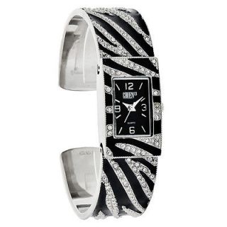 Gruen II Quartz Ladies Black & Silver Zebra Print Cuff Bracelet Watch