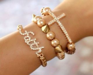 SET Rose Gold Sideways Cross And Faith Charm Bracelet Bracelets