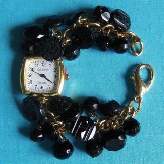 Antique Black Glass Button Charm Bracelet Watch 860