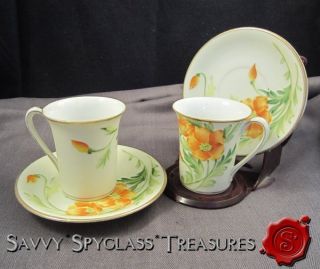 TWO Antique Nippon California Poppy Chocolate Cups and Saucers