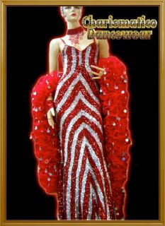 Custom Red Sequin Drag queen pageant Gown RUFFLE BOA