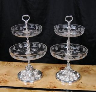 Pair Sheffield Silver Plate Cut Glass Cake Stands Plates Server