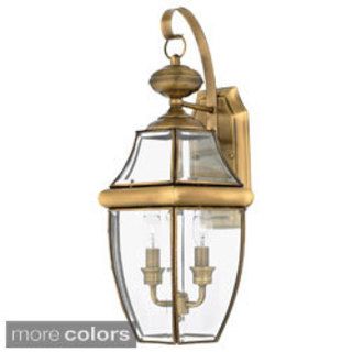 Newbury 2 light 60 watt Outdoor Fixture (Brass Requires two (2) 60 watt B10 candelabra base bulbs (not included)Dimensions: 20 inches high x 11 inches wide x 10 inch extensionWeight: 6.4 poundsThis fixture does need to be hard wired. Professional installa