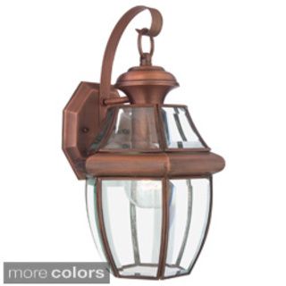 Newbury 1 light 150 watt Outdoor Fixture (Brass Requires one (1) 150 watt A21 medium base bulbs (not included)Dimensions: 14 inches high x 9 inches wide x 8 inch extensionWeight: 3.6 poundsThis fixture does need to be hard wired. Professional installation