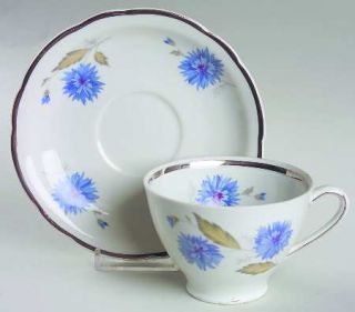 Cmielow (Poland) Cornflower (Platinum Trim) Footed Cup & Saucer Set, Fine China