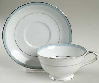 Noritake Bluemere Footed Cup & Saucer Set, Fine China Dinnerware   Blue Band, Pl