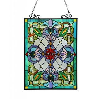 Tiffany Style Victorian Design Window Art Glass Panel (Green, blue, red and clear art glass Materials: Metal and art glass Pattern: Tree of life Glass: Art glass Dimensions: 25.59 inches long x 18 inches wide x 0.25 inch high Weight: 7 poundsAssembly: Mou